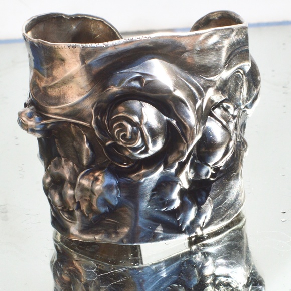 Rare Antique Solid Sterling Silver 925 Wide Cuff Floral Repoussé Wedding Bridal - Picture 6 of 8